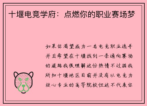 十堰电竞学府：点燃你的职业赛场梦